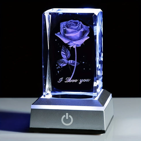 3D Laser Rose Crystal with Light Base Perfect Gift